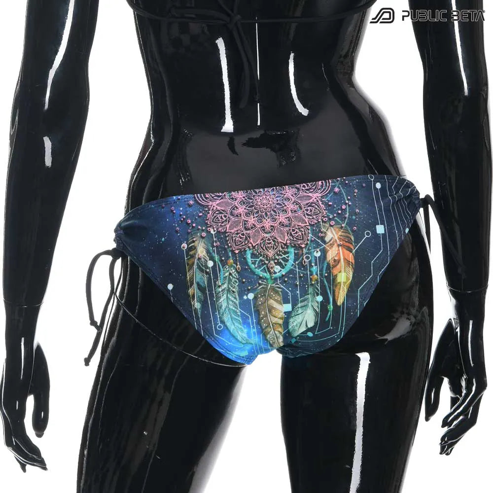 Bikini  set with UV-reactive printed graphics, photographed in natural light