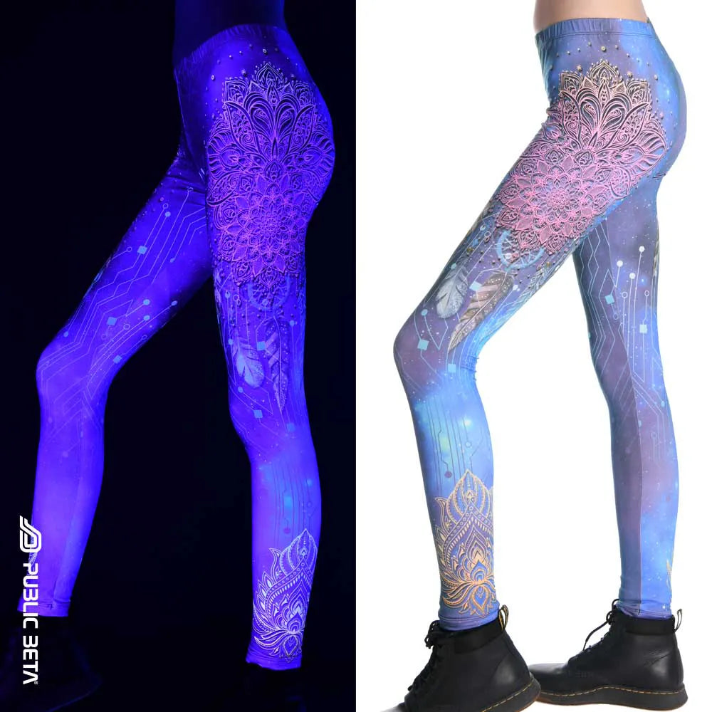 Uv reactive psychedelic art printed leggings shown in natural light and glowing under blacklight split image view