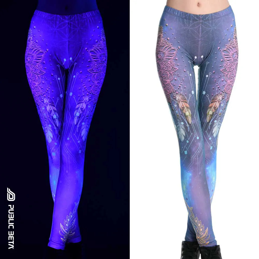Uv reactive psychedelic art printed leggings shown in natural light and glowing under blacklight split image view