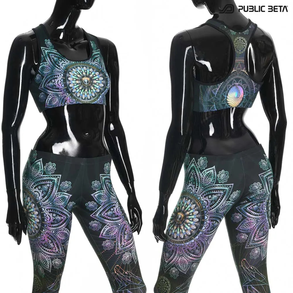 Active top with UV-reactive printed graphics glowing under blacklight