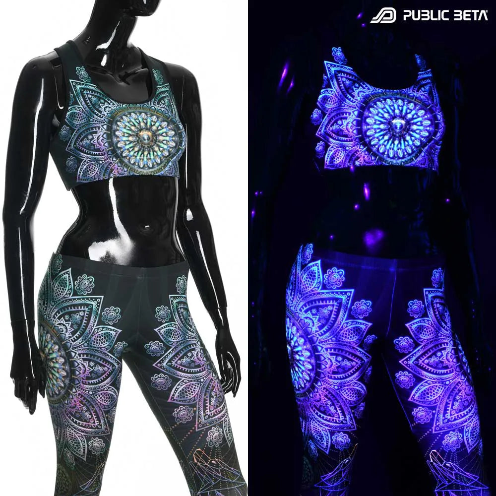 Active top with UV-reactive printed graphics glowing under blacklight