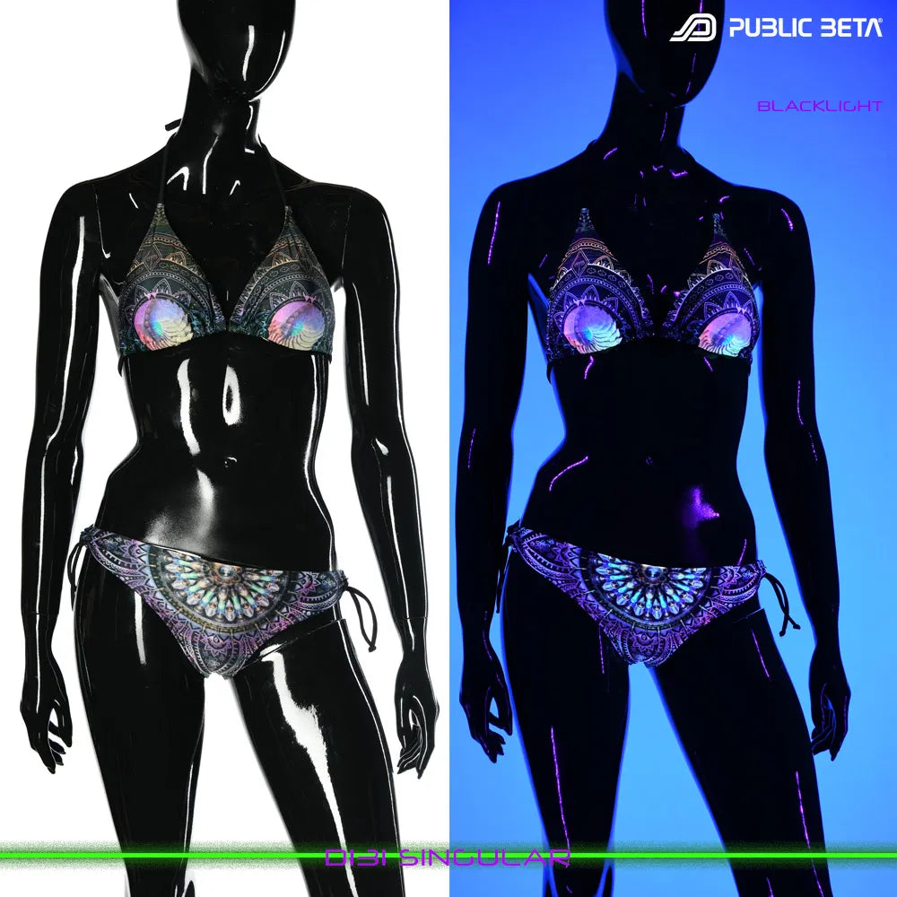 split image of a bikini shown in natural light and glowing under blacklight