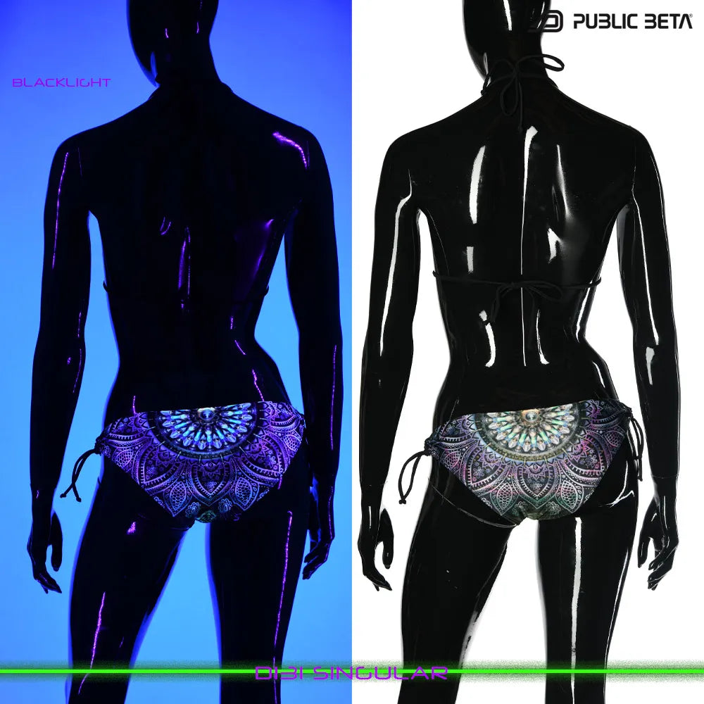split image of a bikini shown in natural light and glowing under blacklight