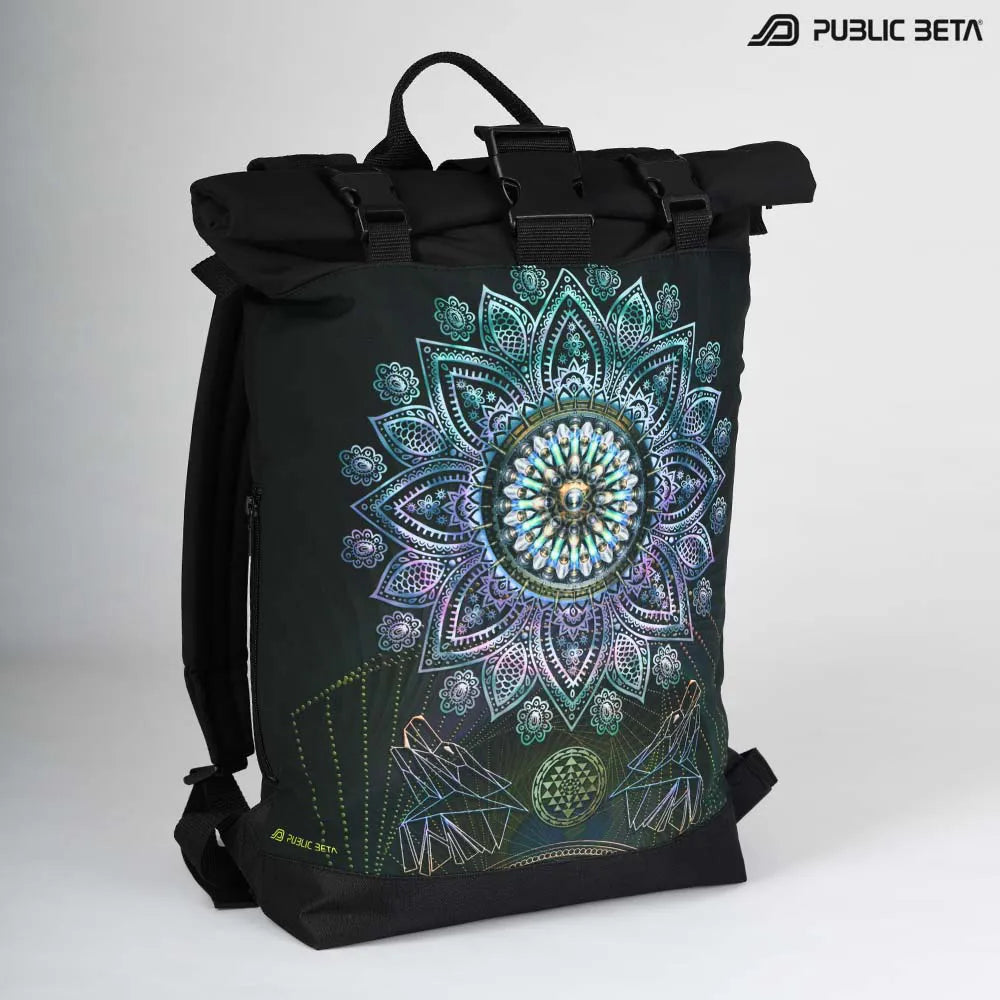 Backpack with UV-reactive psychedelic art print photographed in natural light