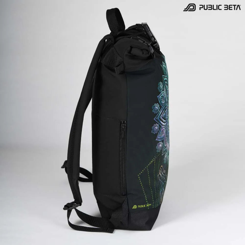 Backpack with UV-reactive psychedelic art print photographed in natural light
