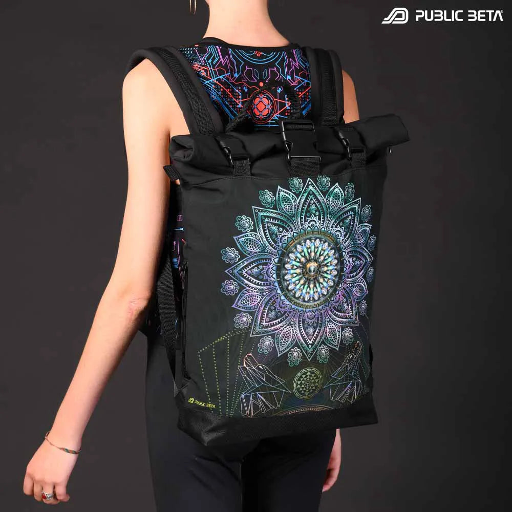 Backpack with UV-reactive psychedelic art print photographed in natural light