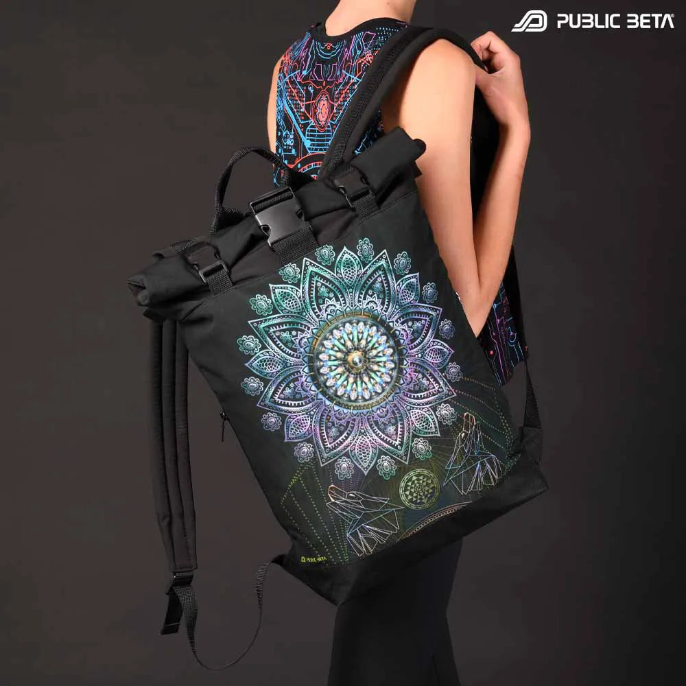 Backpack with UV-reactive psychedelic art print photographed in natural light