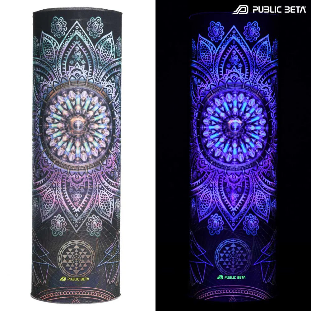 Split image of a tube scarf with uv-reactive graphics shown in natural light and glowing under blacklight