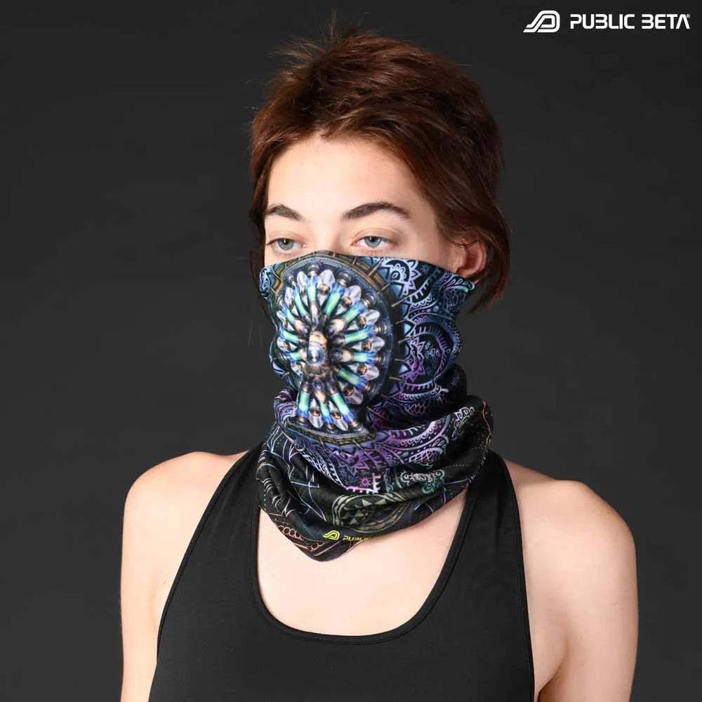 Model wearing a tubes scarf with organic UV-reactive print, photographed in natural light