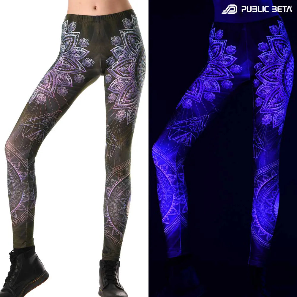 Uv reactive psychedelic art printed leggings shown in natural light and glowing under blacklight split image view