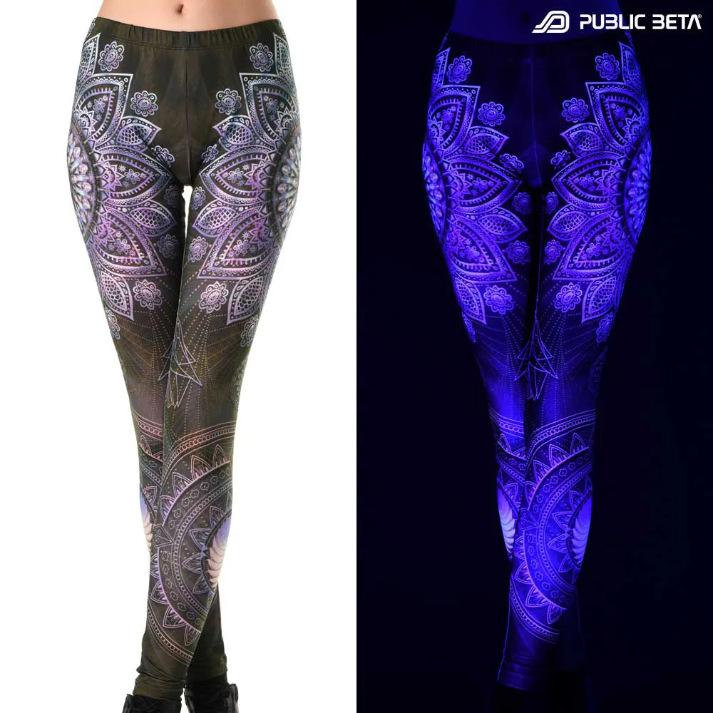 Uv reactive psychedelic art printed leggings shown in natural light and glowing under blacklight split image view