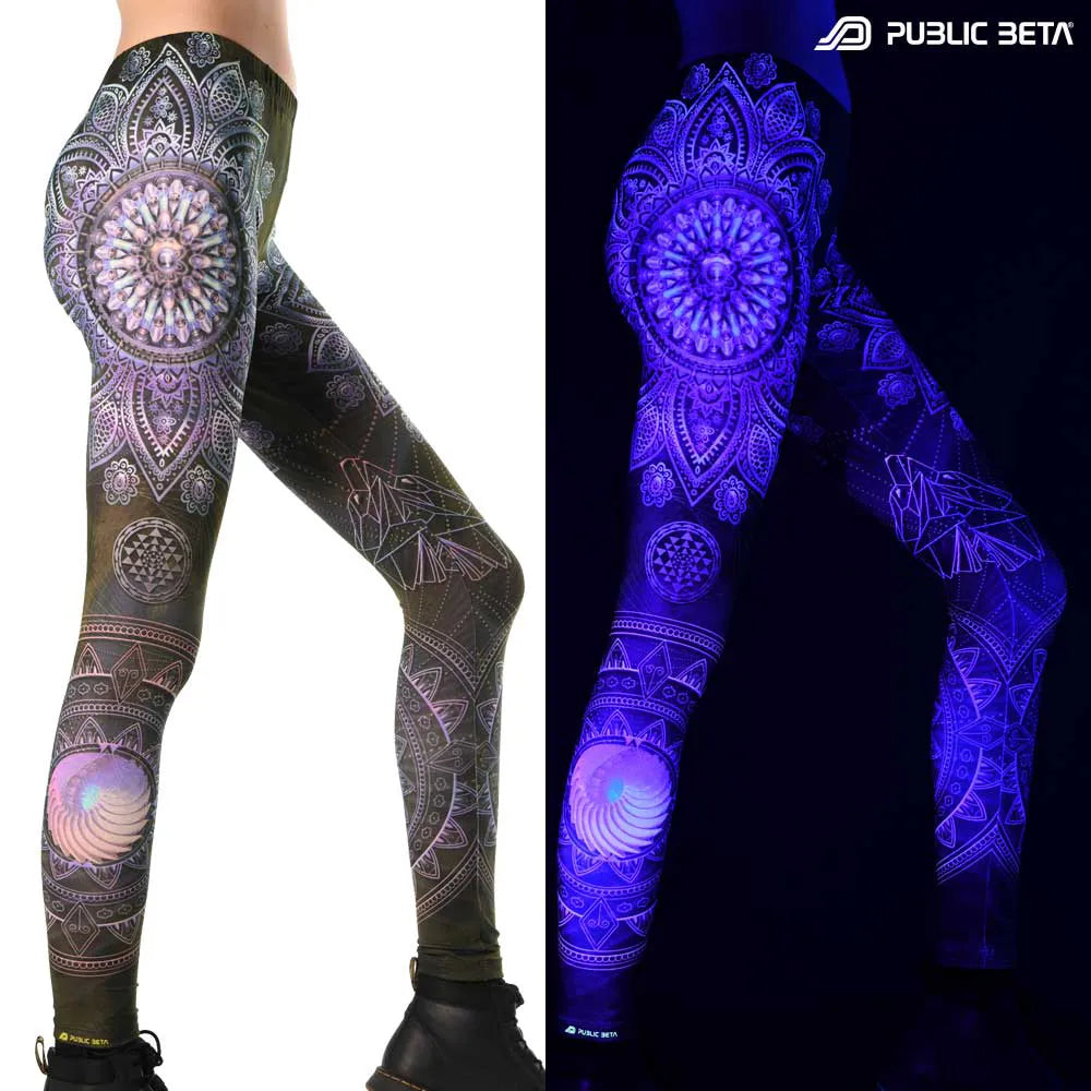 Uv reactive psychedelic art printed leggings shown in natural light and glowing under blacklight split image view