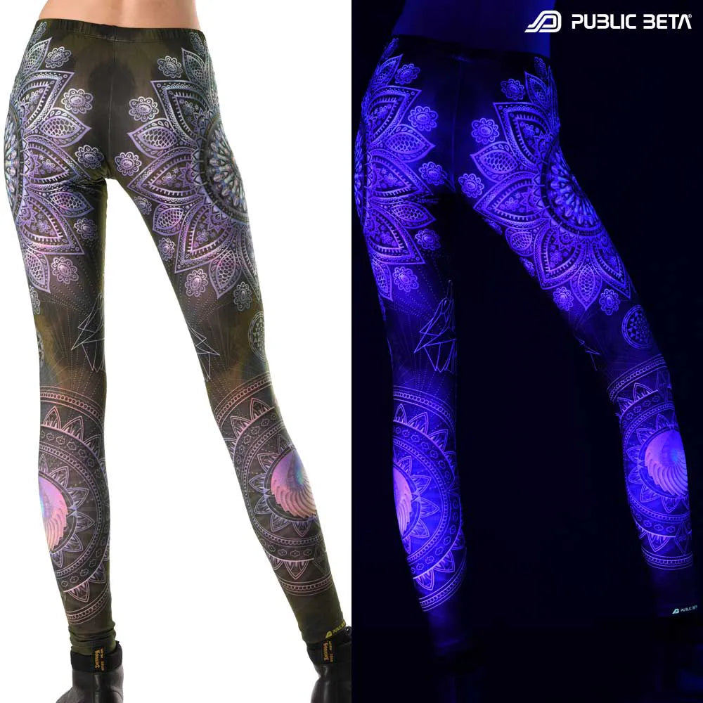 Uv reactive psychedelic art printed leggings shown in natural light and glowing under blacklight split image view