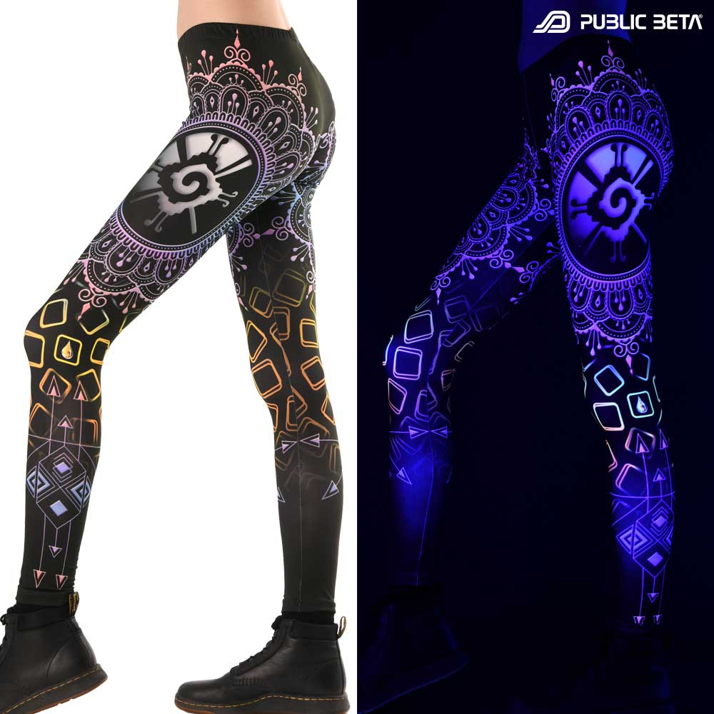 Split image of leggings with Mayan Hunab Ku mandala print shown in natural light and glowing under blacklight