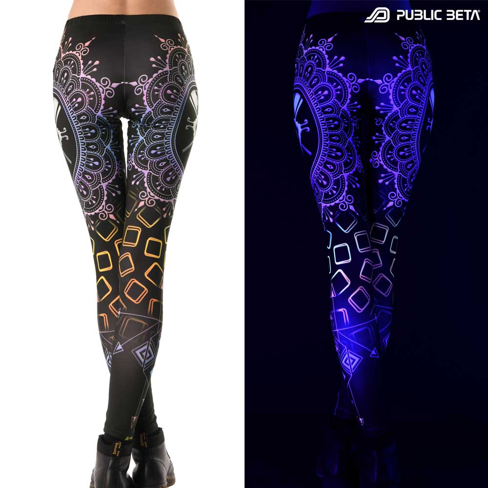 Split image of leggings with Mayan Hunab Ku mandala print shown in natural light and glowing under blacklight