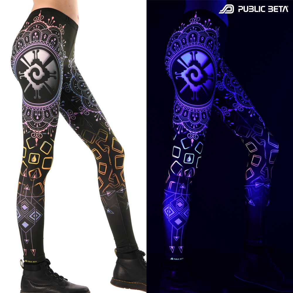Split image of leggings with Mayan Hunab Ku mandala print shown in natural light and glowing under blacklight