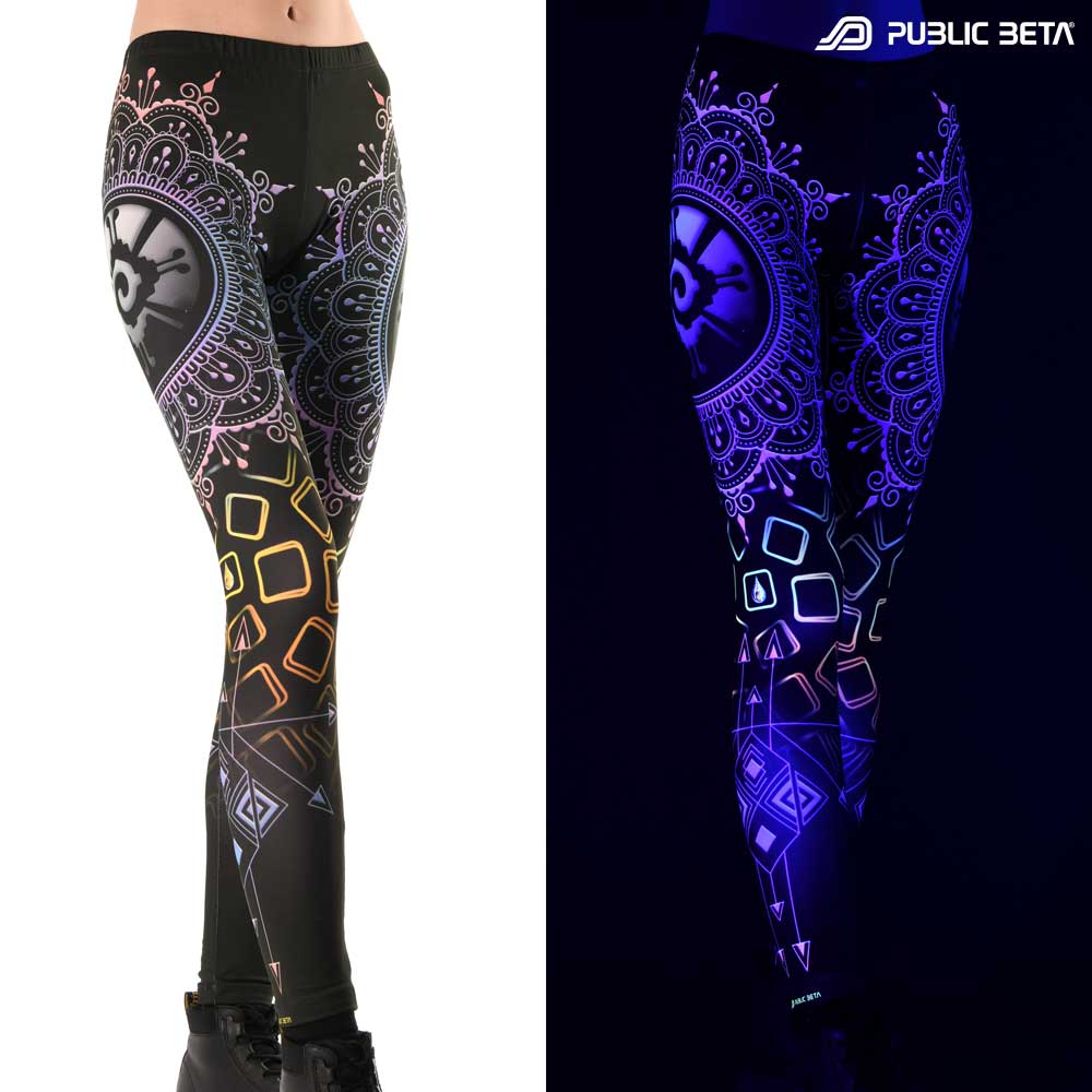 Split image of leggings with Mayan Hunab Ku mandala print shown in natural light and glowing under blacklight
