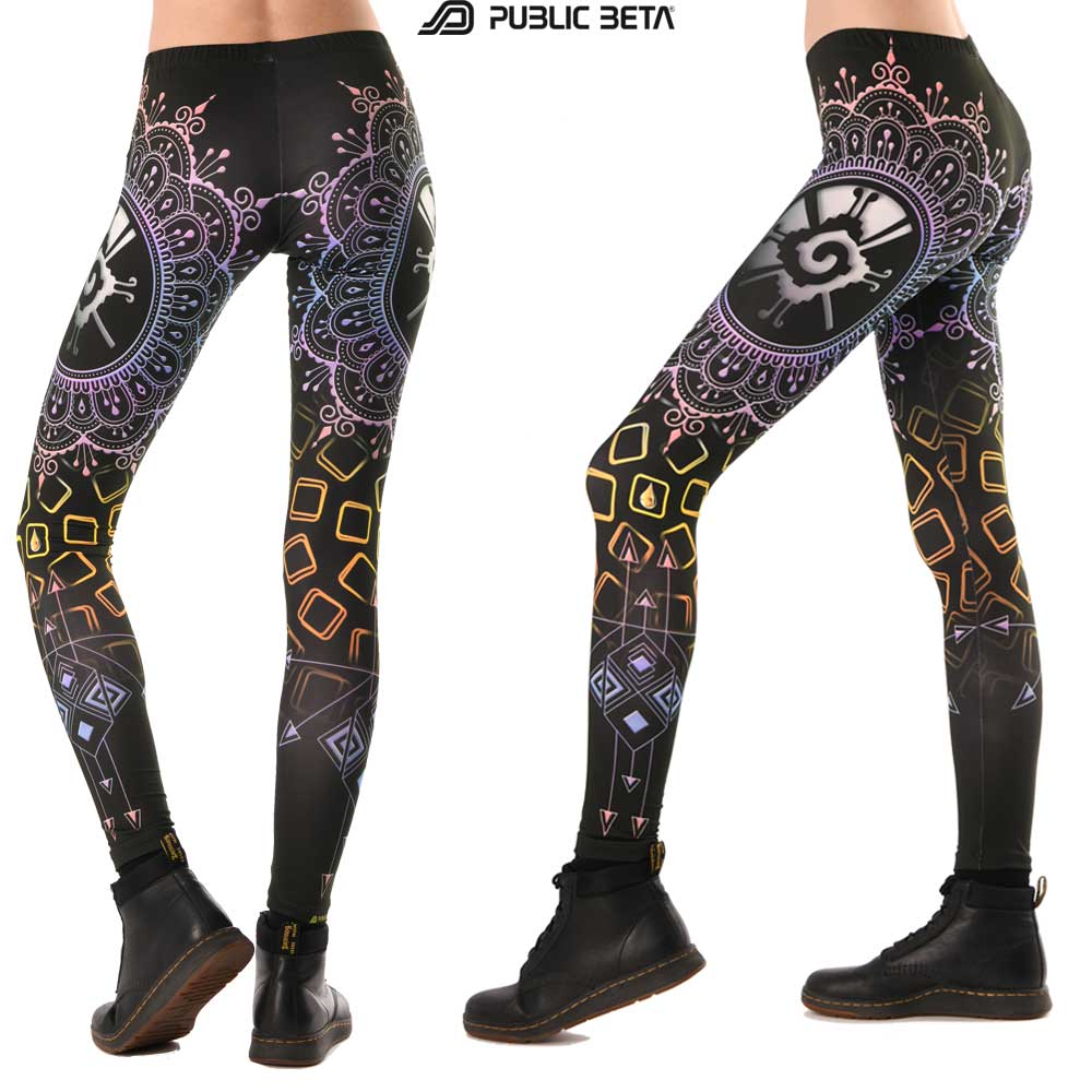 Split image of leggings with Mayan Hunab Ku mandala print shown in natural light and glowing under blacklight