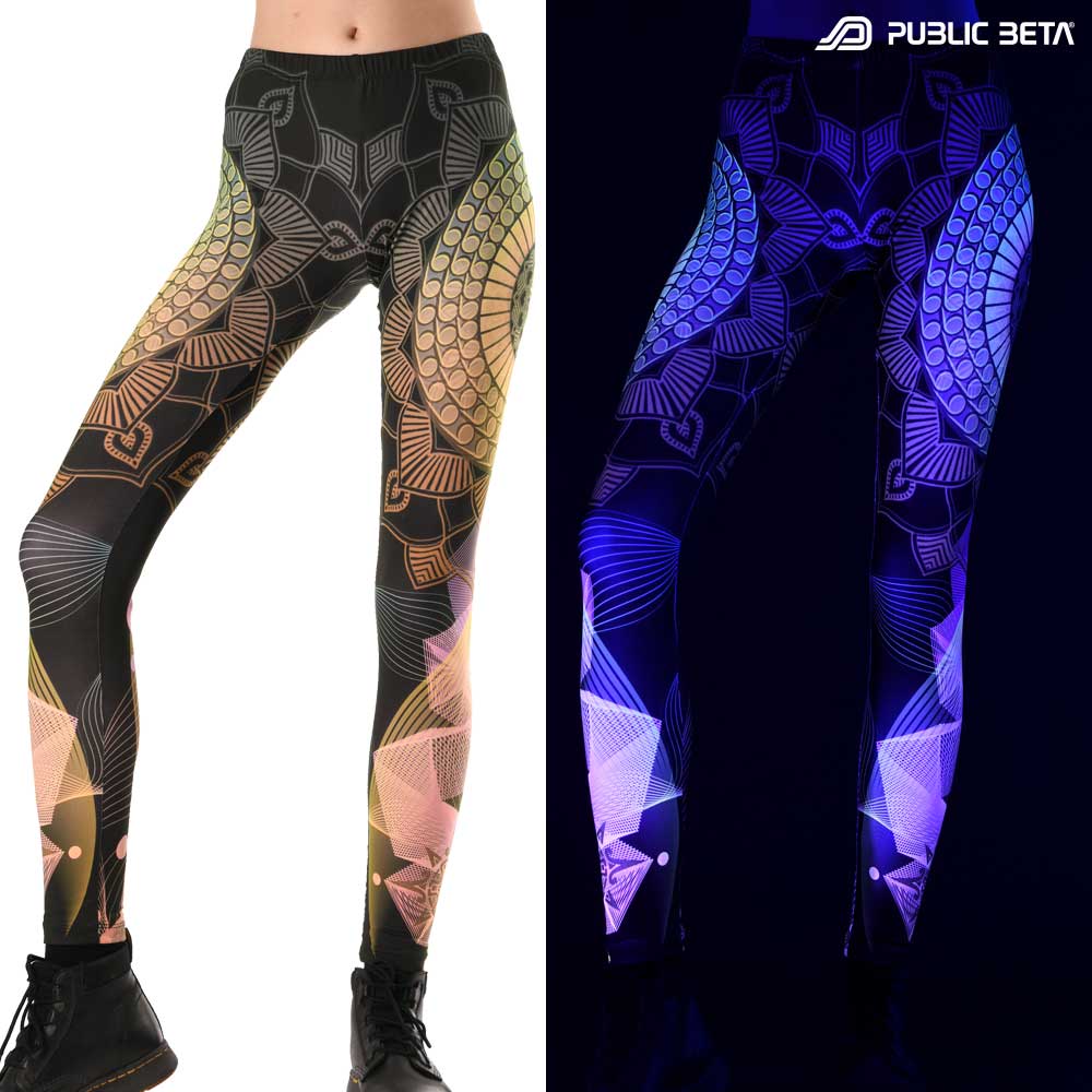 Split image of leggings with winged serpent mandala print shown in natural light and glowing under blacklight