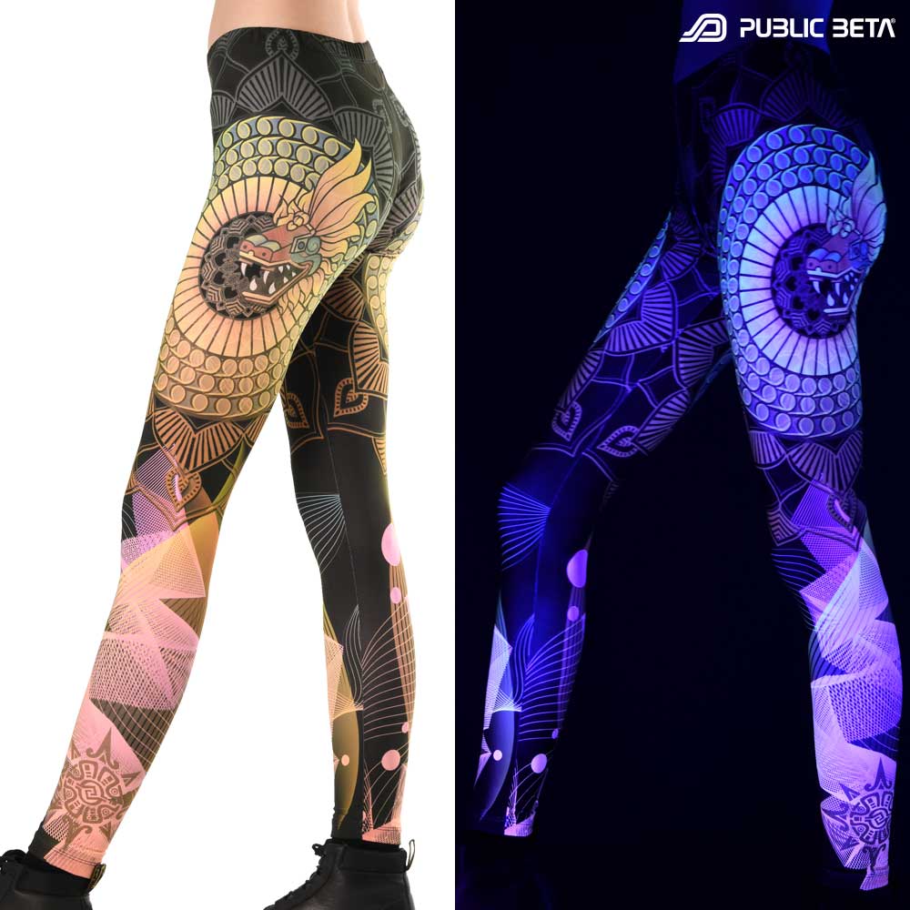 Split image of leggings with winged serpent mandala print shown in natural light and glowing under blacklight