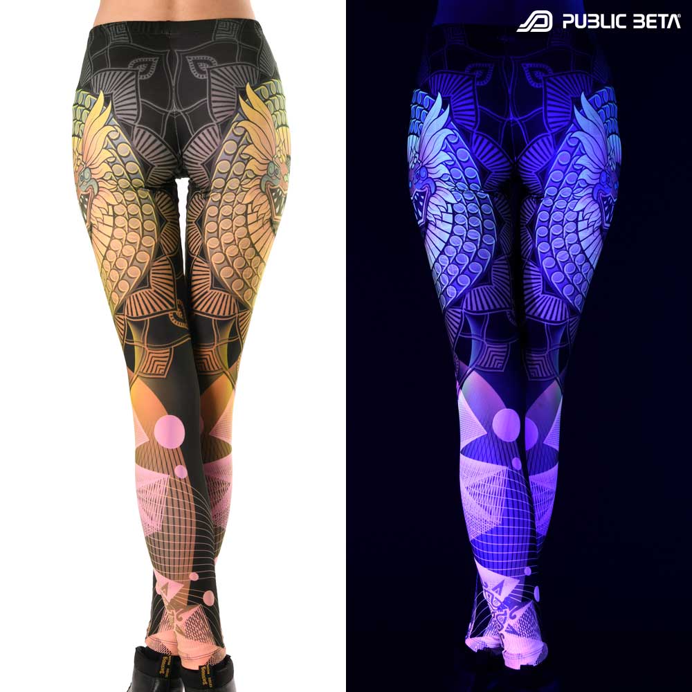 Split image of leggings with winged serpent mandala print shown in natural light and glowing under blacklight