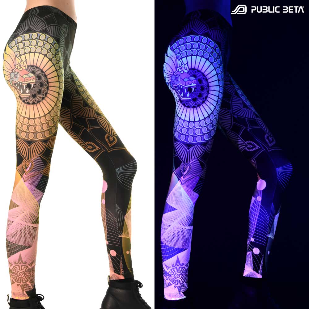 Split image of leggings with winged serpent mandala print shown in natural light and glowing under blacklight