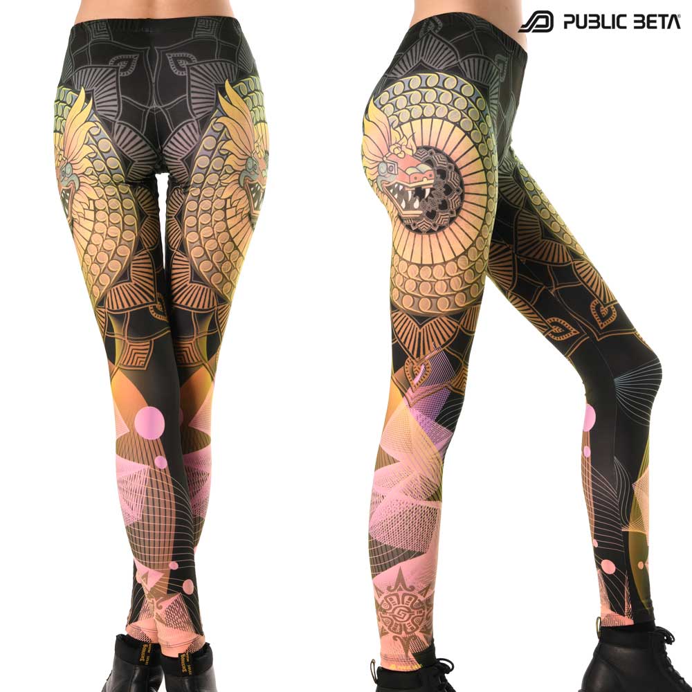 Split image of leggings with winged serpent mandala print shown in natural light and glowing under blacklight