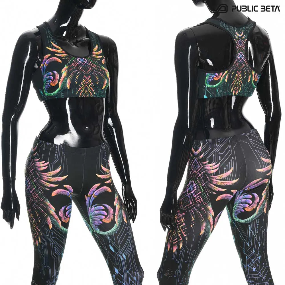 Split image of an active top  with uv-reactive graphics shown in natural light and glowing under blacklight