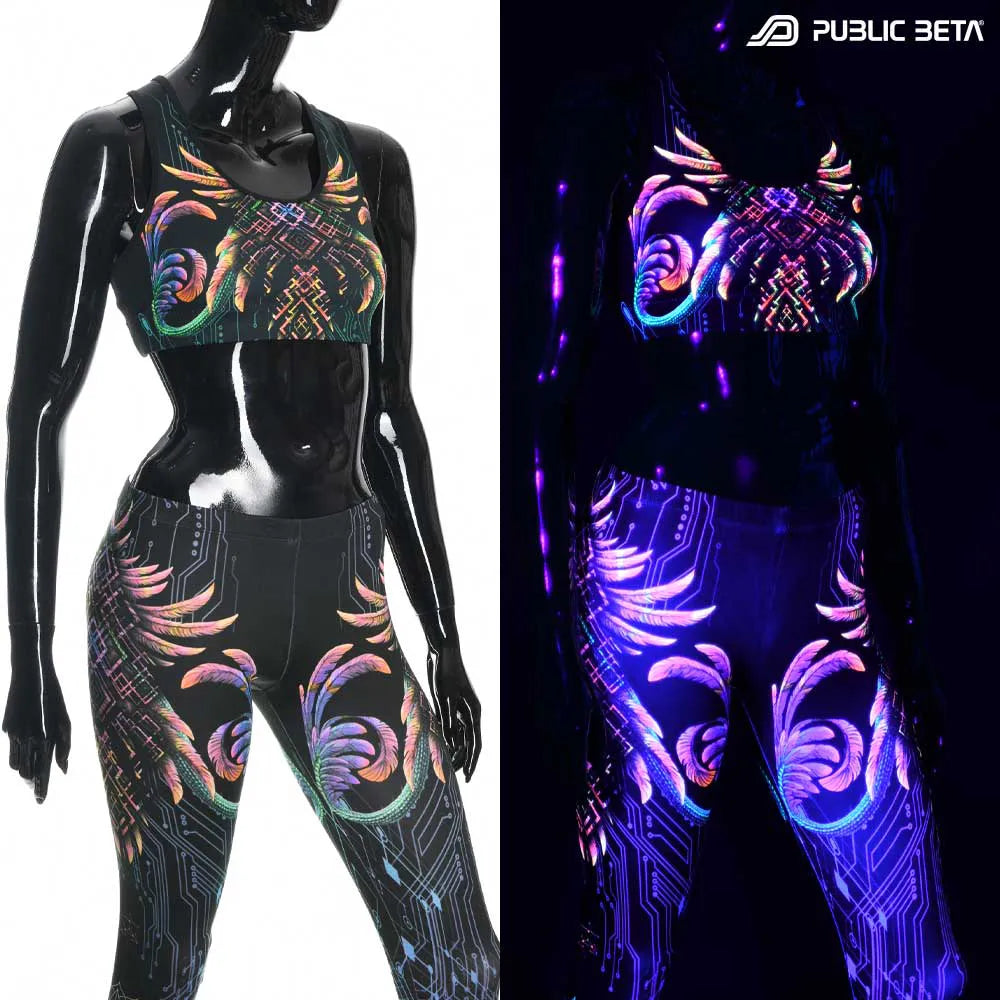 Split image of an active top  with uv-reactive graphics shown in natural light and glowing under blacklight