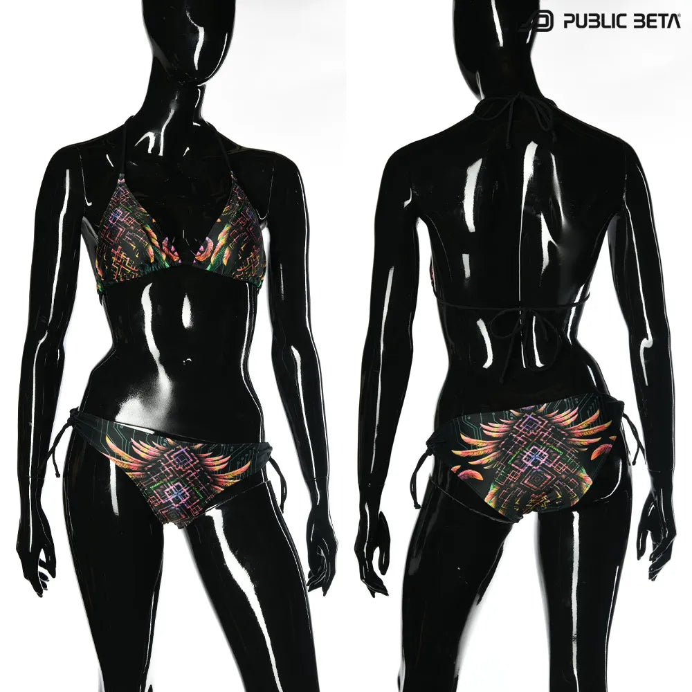 with UV-reactive printed graphics, photographed in natural light