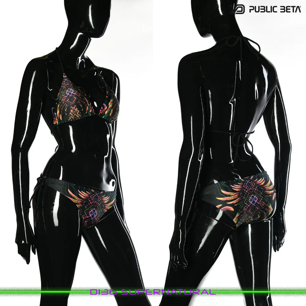 with UV-reactive printed graphics, photographed in natural light