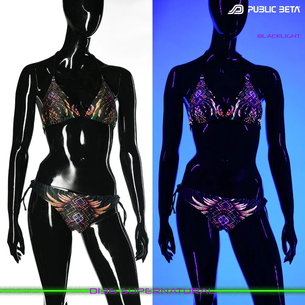 split image of a bikinishown in natural light and glowing under blacklight