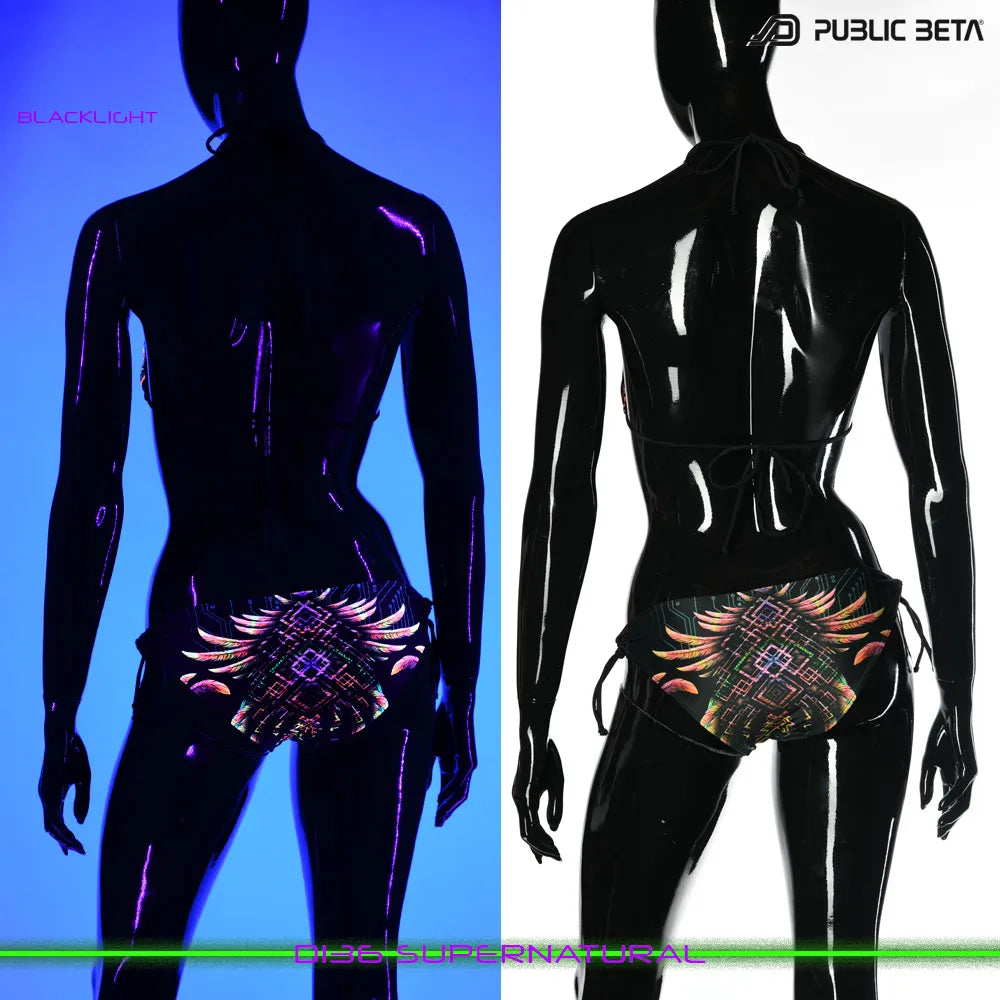 split image of a bikini shown in natural light and glowing under blacklight