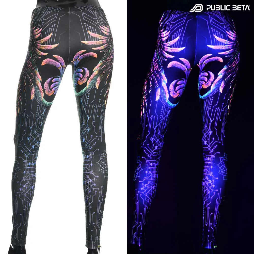 Uv reactive psychedelic art printed leggings shown in natural light and glowing under blacklight split image view