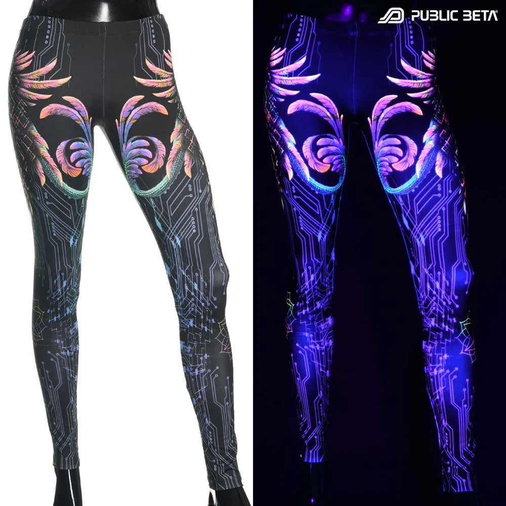 Uv reactive psychedelic art printed leggings shown in natural light and glowing under blacklight split image view