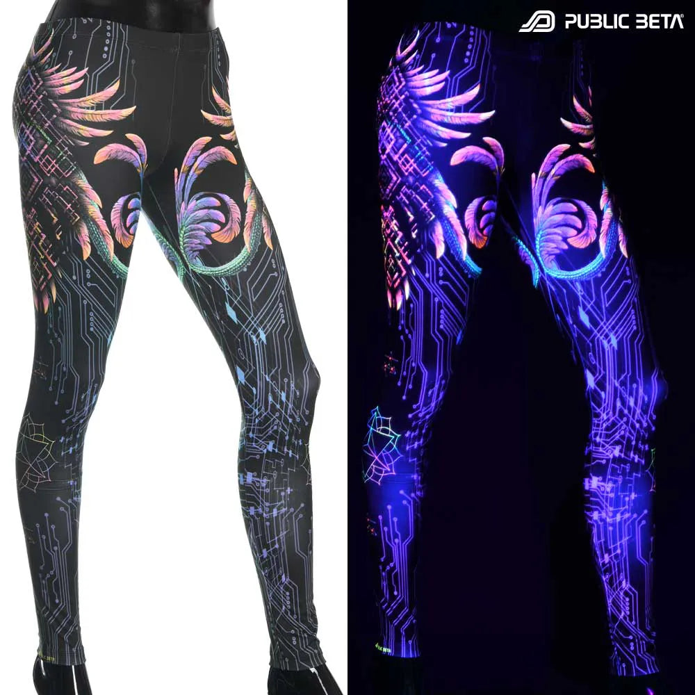 Uv reactive psychedelic art printed leggings shown in natural light and glowing under blacklight split image view