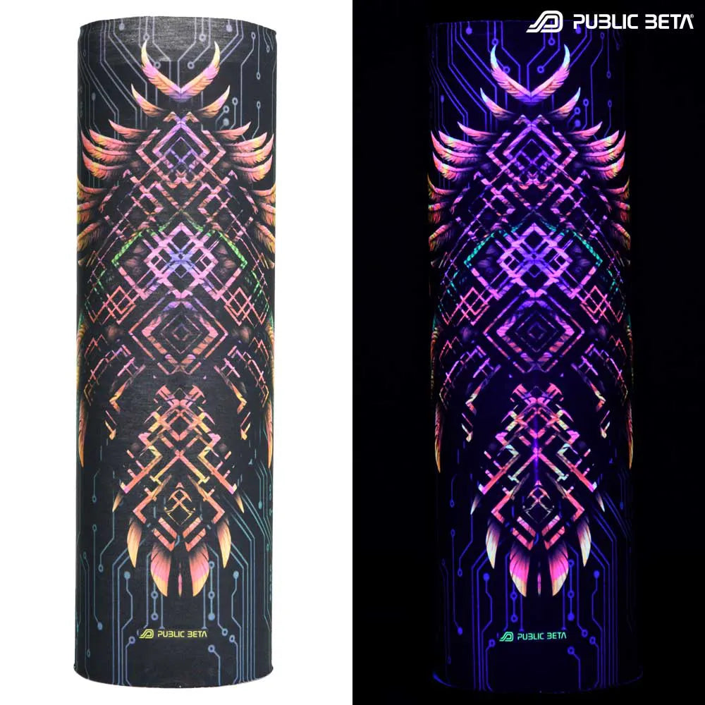 Split image of a tube scarf with uv-reactive graphics shown in natural light and glowing under blacklight