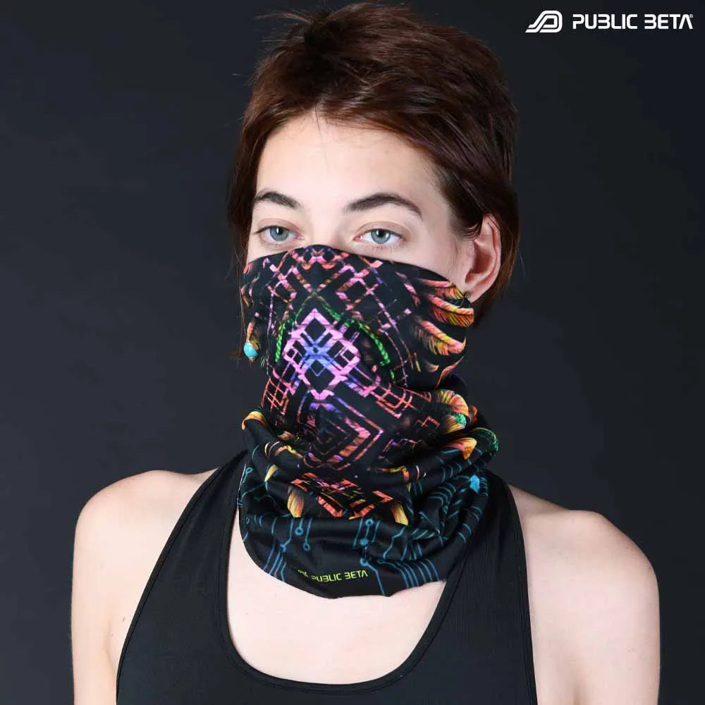 Model wearing a tube scarf with organic UV-reactive print, photographed in natural light