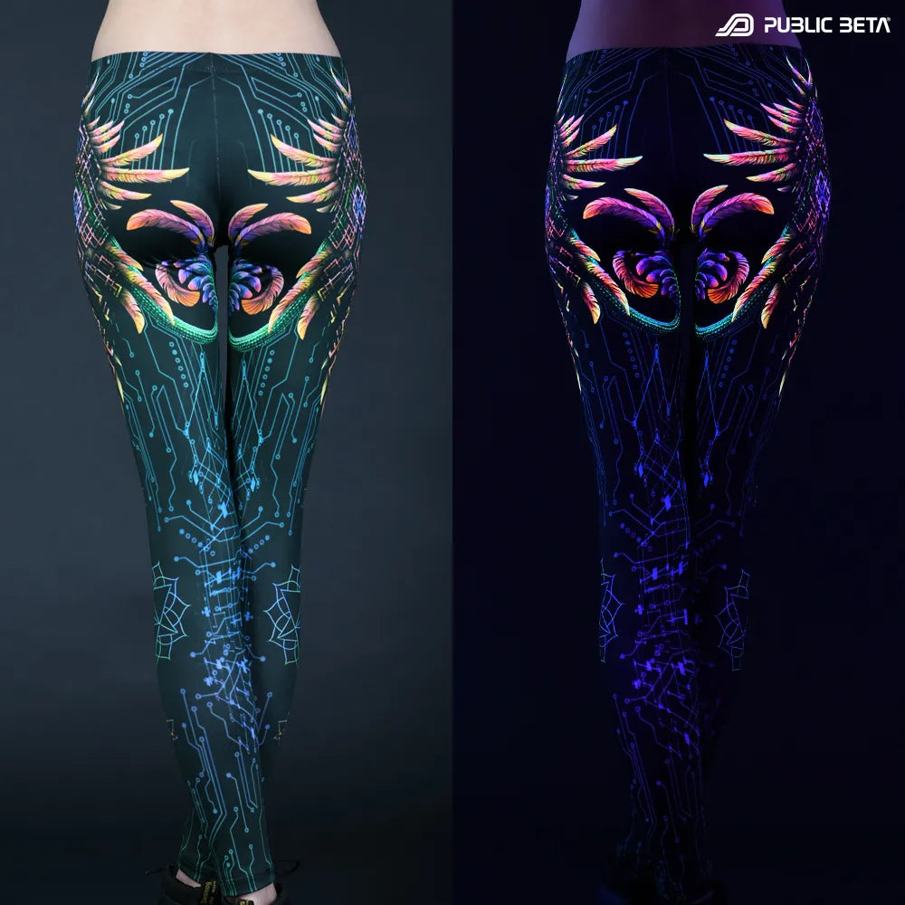 Uv reactive psychedelic art printed leggings shown in natural light and glowing under blacklight split image view