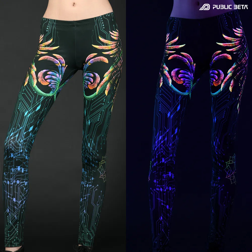 Uv reactive psychedelic art printed leggings shown in natural light and glowing under blacklight split image view