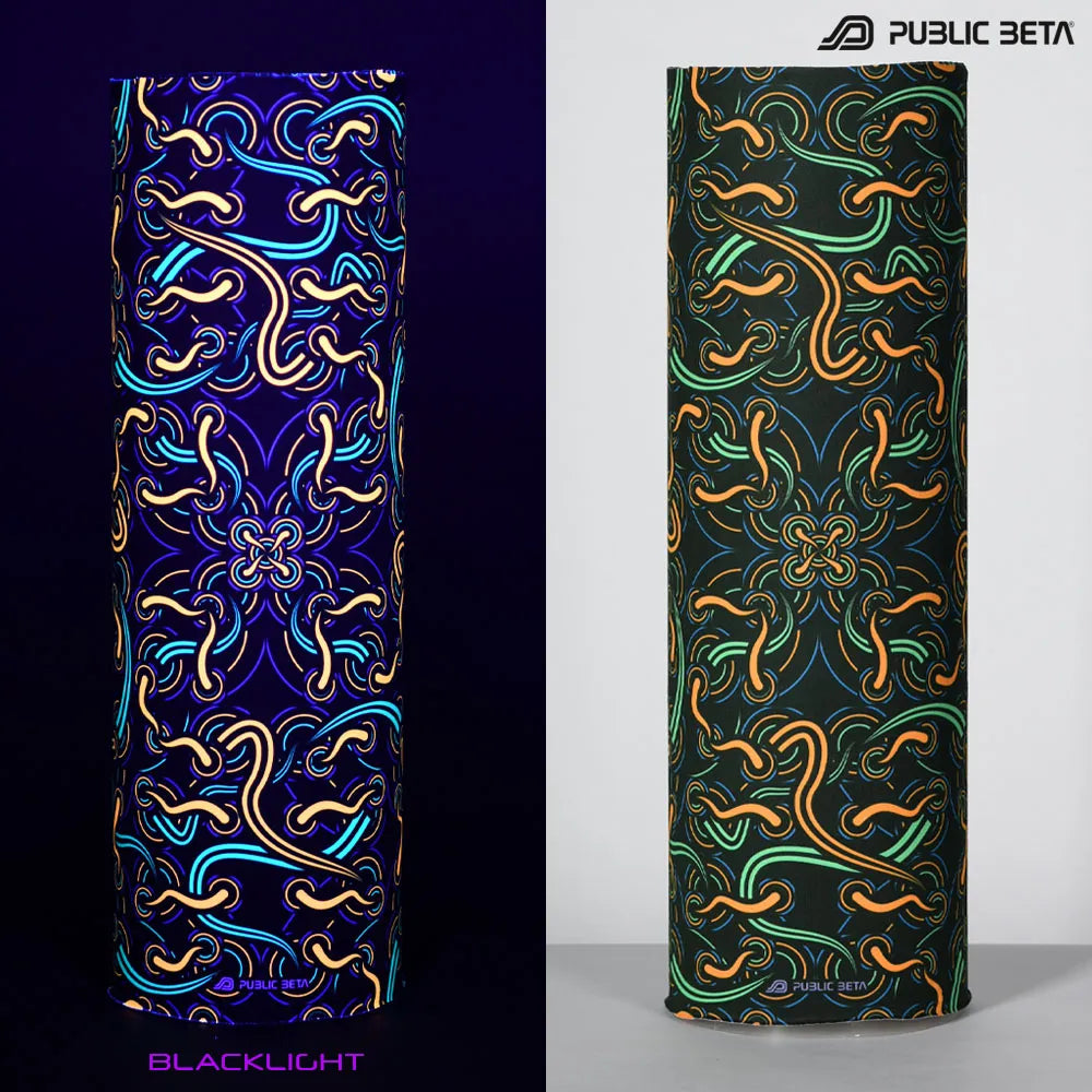 Split image of a tube scarf with uv-reactive graphics shown in natural light and glowing under blacklight