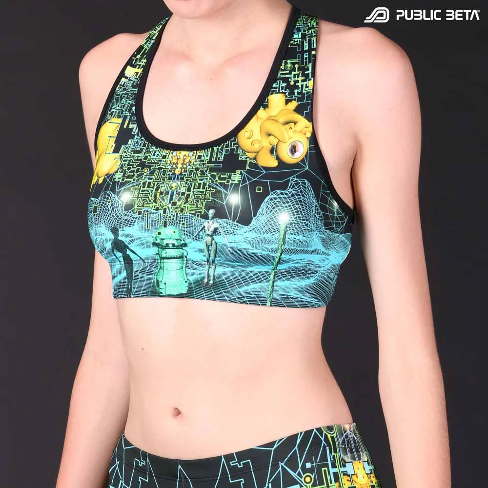 Active top with UV-reactive psychedelic art print, photographed in natural light frontview