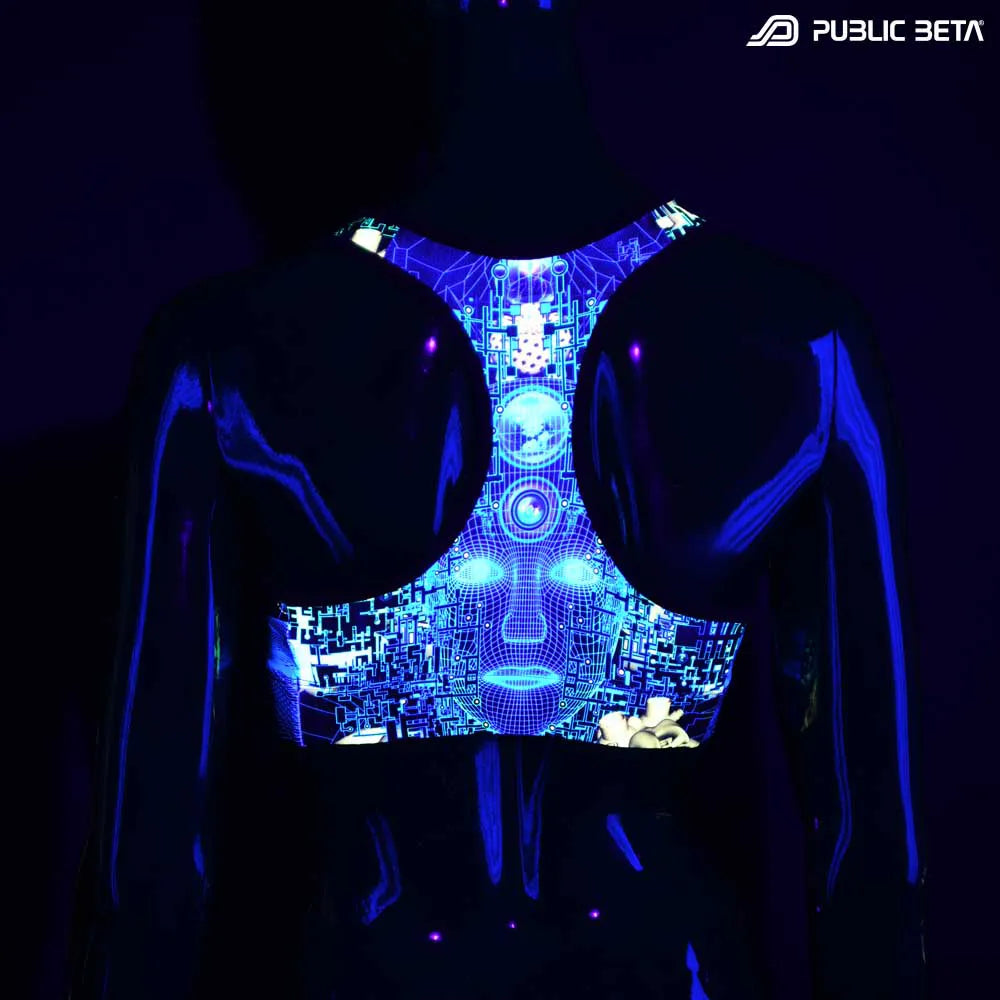 Active top with UV-reactive psychedelic art print glowing under blacklight