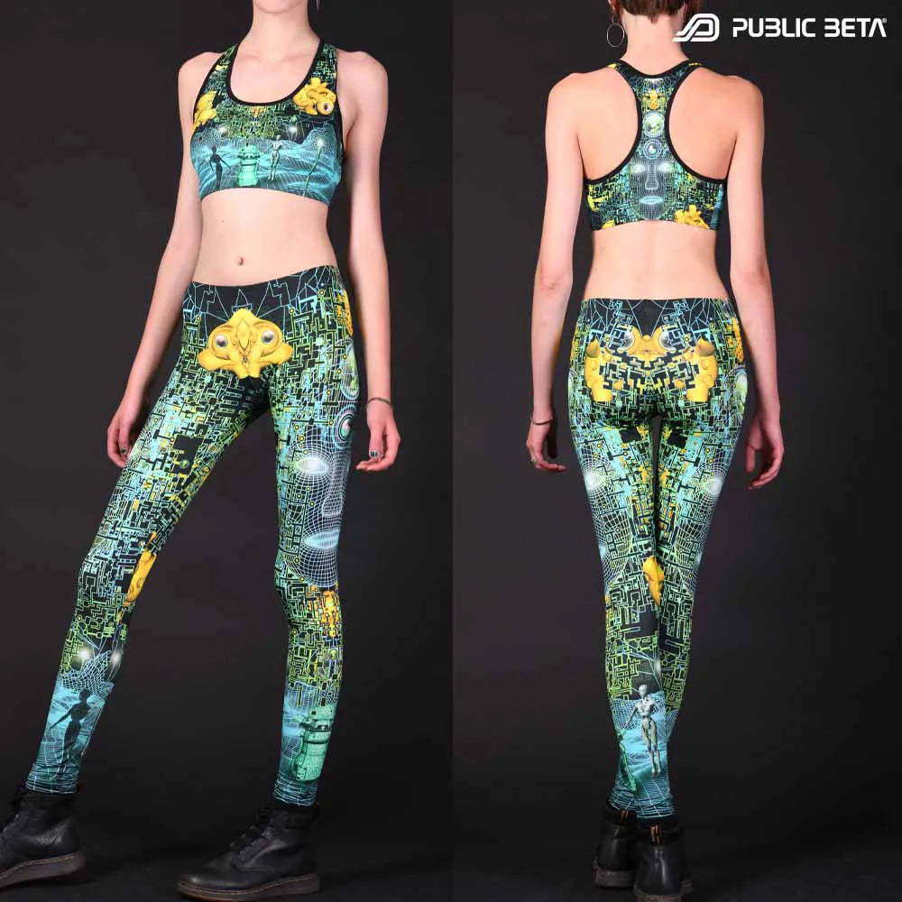 Active top and leggings with UV-reactive psychedelic art print, photographed in natural light 