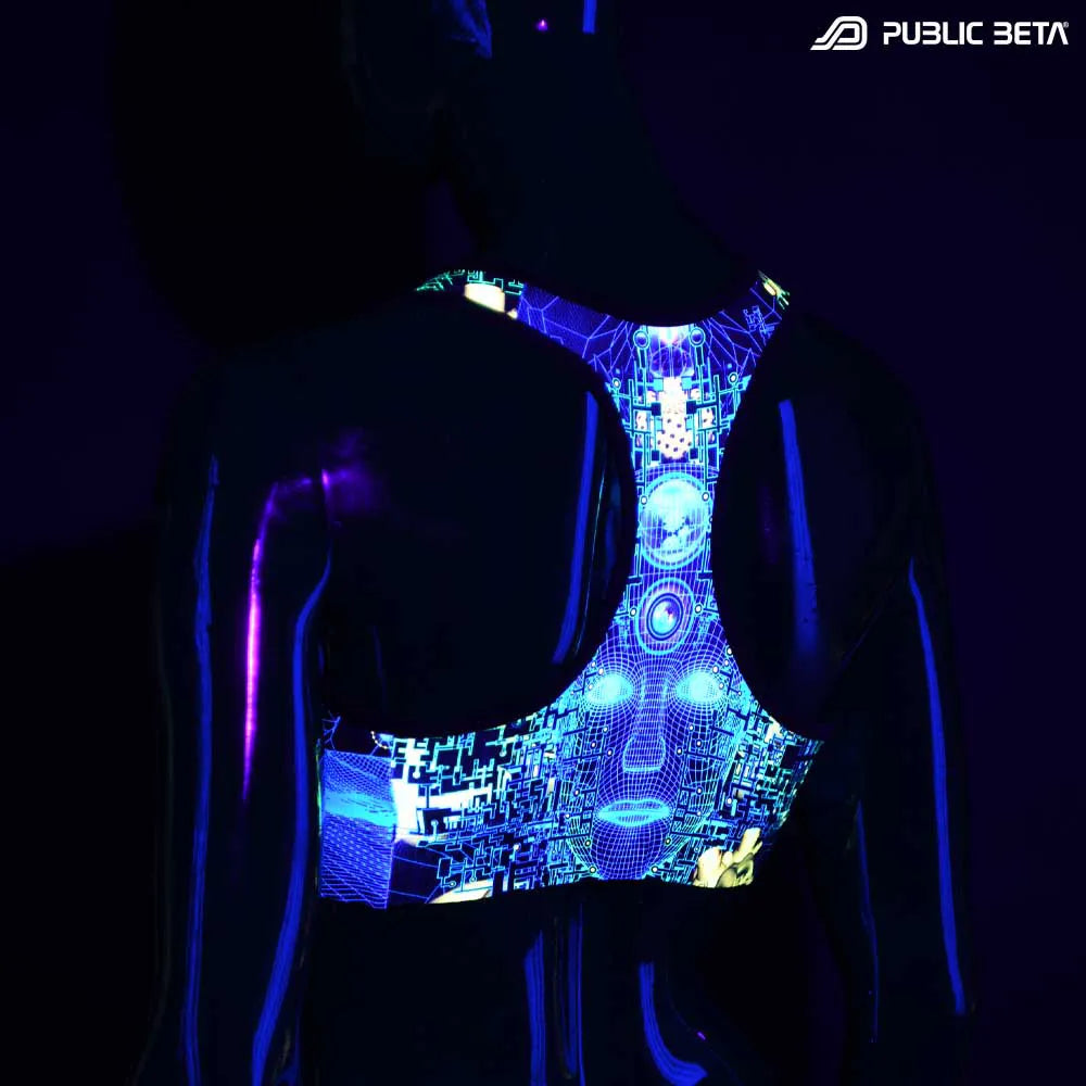 Active top with UV-reactive psychedelic art print glowing under blacklight