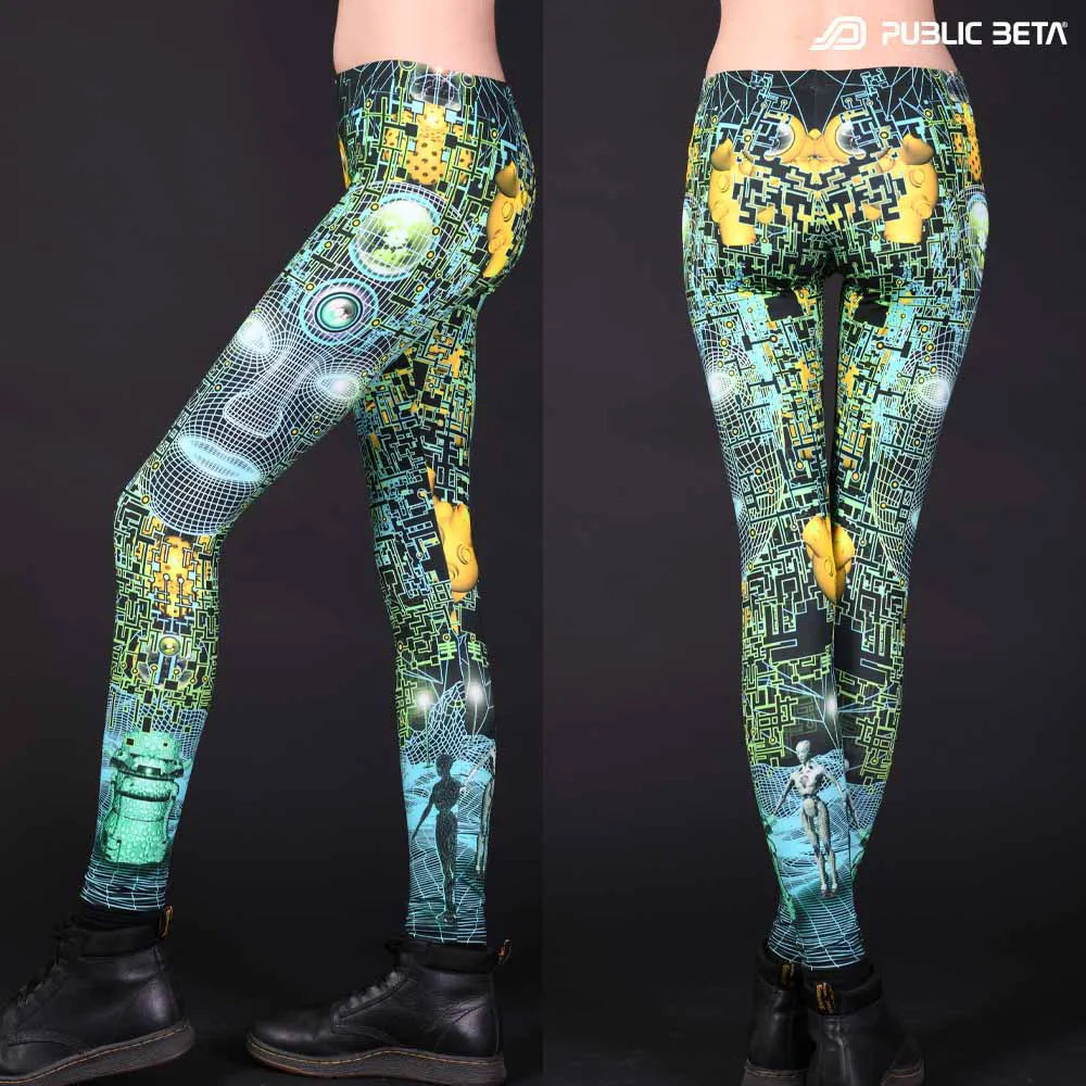 Leggings with UV-reactive psychedelic art print, photographed in natural light