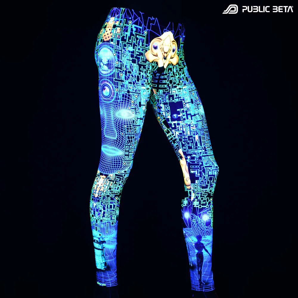 Leggings with UV-reactive psychedelic art print glowing under blacklight