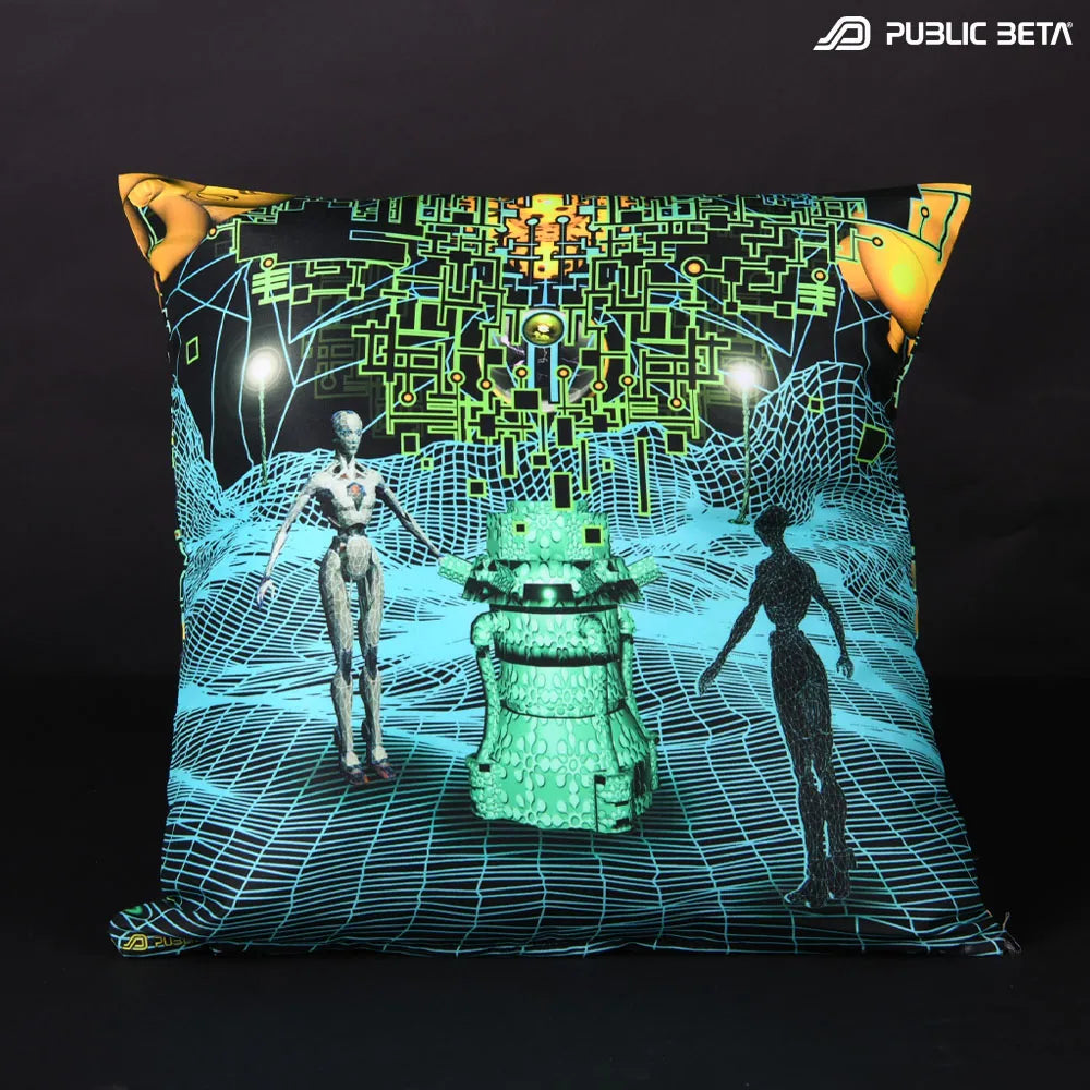 Cushion Cover with UV-reactive graphics glowing under blacklight