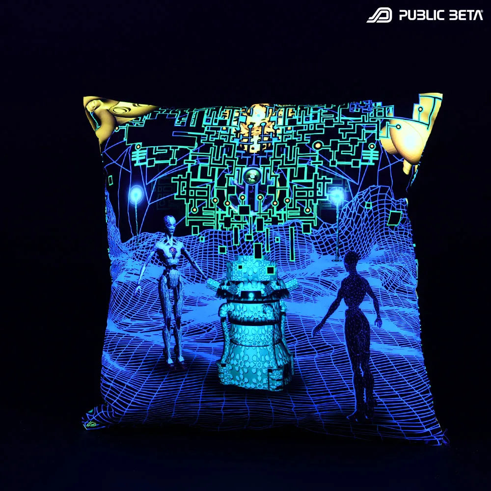 Cushion Cover with UV-reactive graphics glowing under blacklight