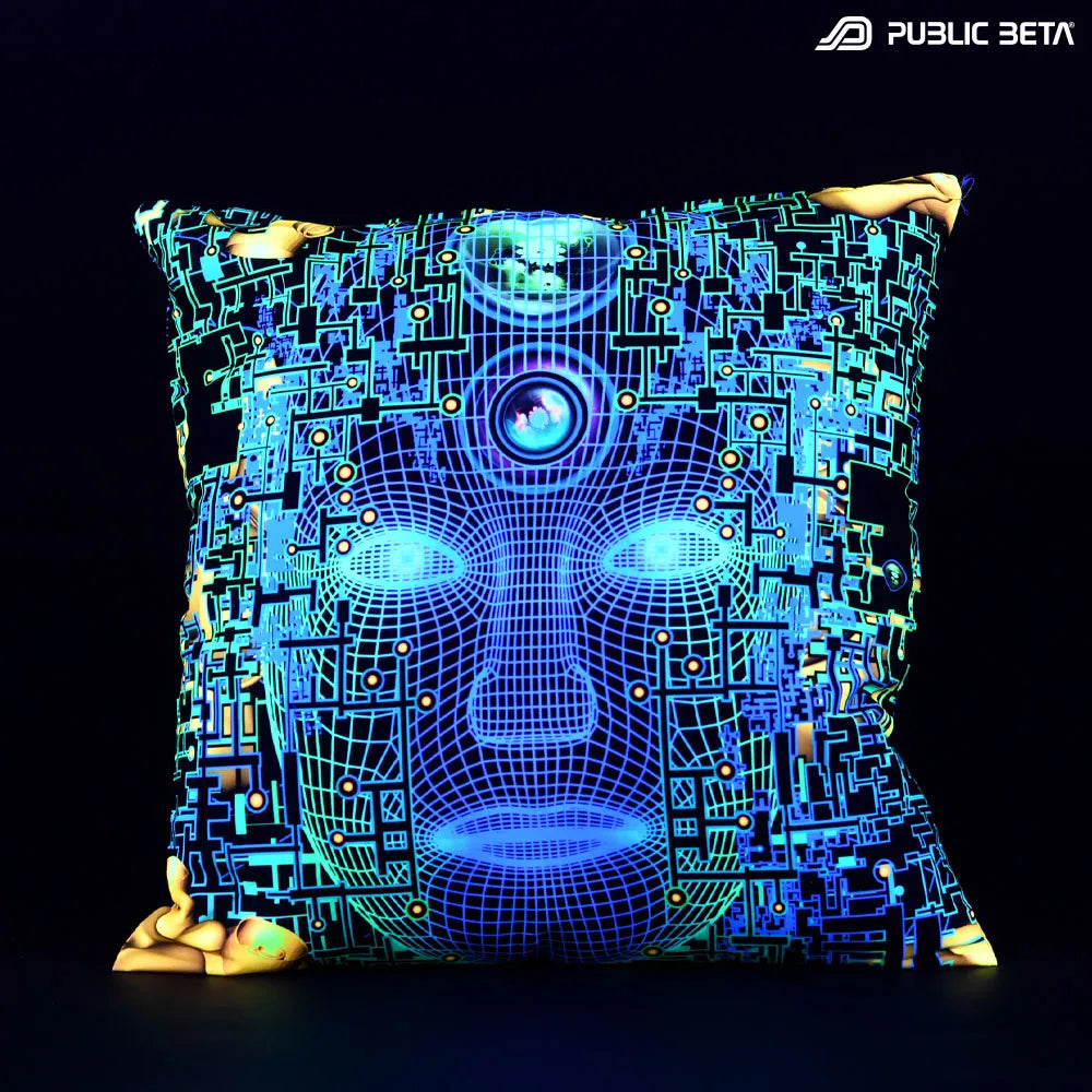 Cushion Cover with UV-reactive graphics glowing under blacklight